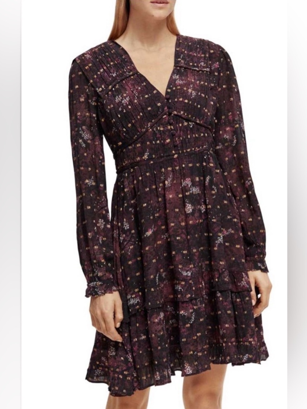 Scotch & Soda Women's Floral V-Neck Long Sleeve Tiered Dress